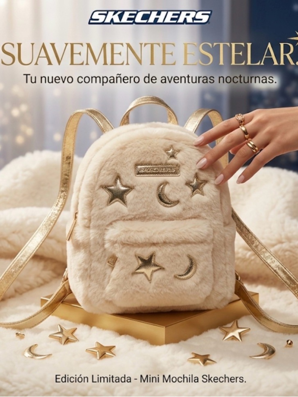 Skechers Cream Faux-Fur Mini Backpack with Gold Star & Moon Accents
